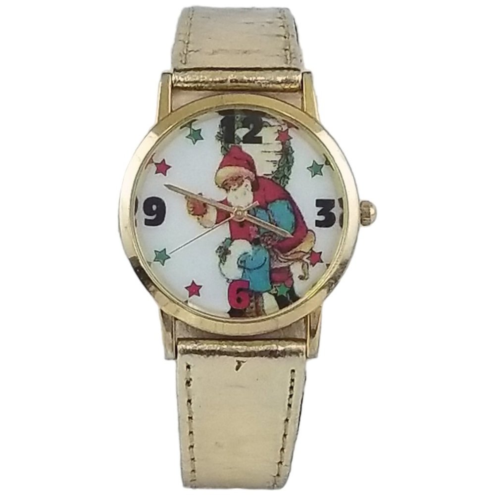 Vintage Milan Women's Santa Claus Wristwatch Faux Leather Christmas Watch X12